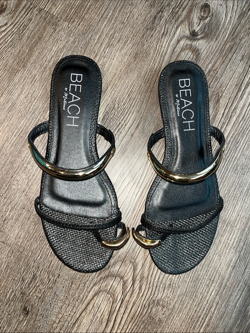 BEACH BY MATISSE Black Slide Sandals with Gold Accents